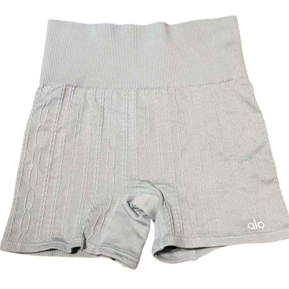 Alo Yoga High-Waist Cable Knit Biker Shorts Chalk Blue XS- Small Stain